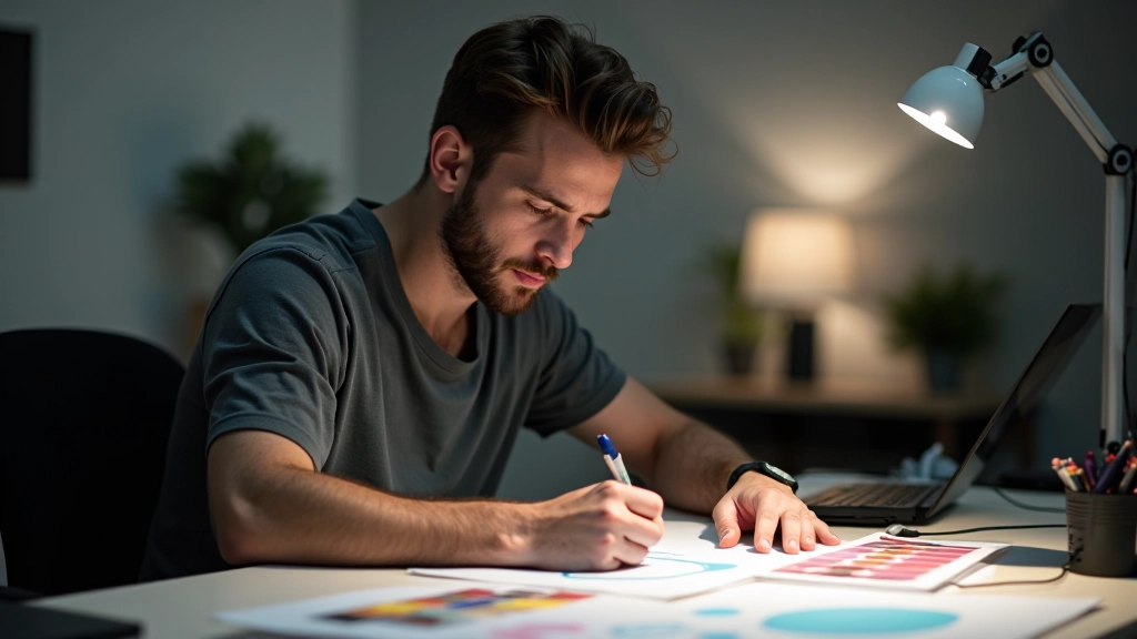 Game designer at workstation sketching and designing cosmetic character skins with color swatches and reference materials visible