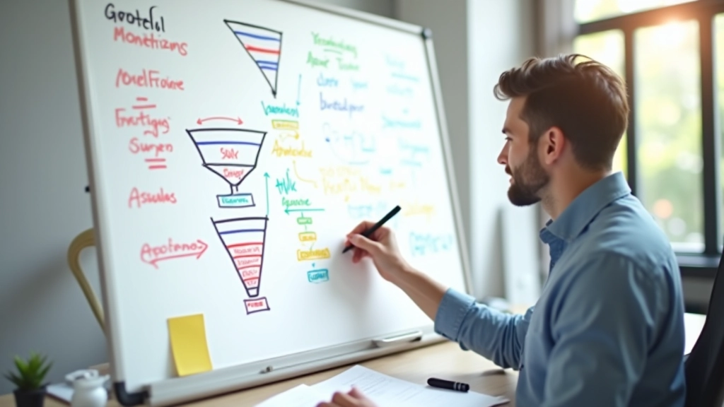 Designer sketching monetization framework with revenue funnels, conversion rates, and player segmentation on whiteboard