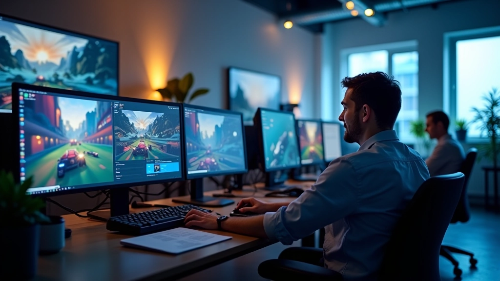 Gaming studio workspace with developers testing gameplay, monitoring player analytics dashboards on multiple monitors