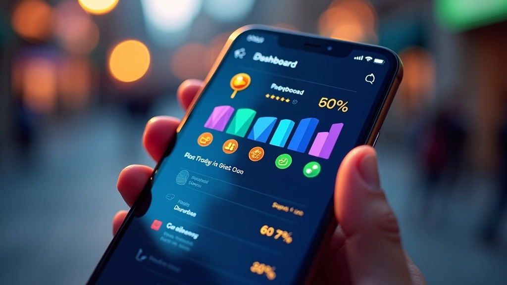 Mobile gaming interface showing progression metrics and player engagement dashboard with charts and statistics